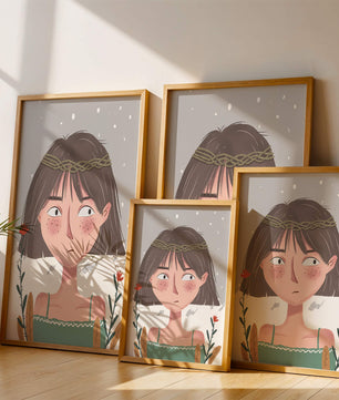 Illustrated girl with a braided crown, floral accents, and expressive features