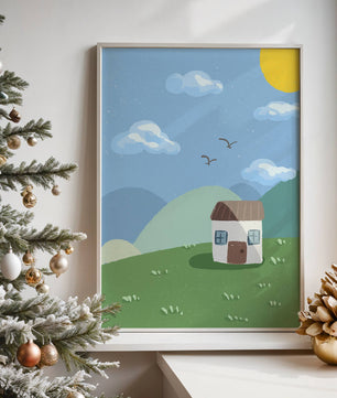 Illustration of a small house on a sunny hillside with clouds in a blue sky