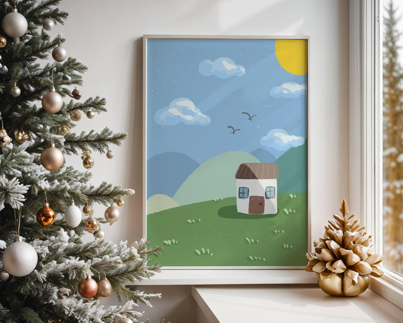 Illustration of a small house on a sunny hillside with clouds in a blue sky