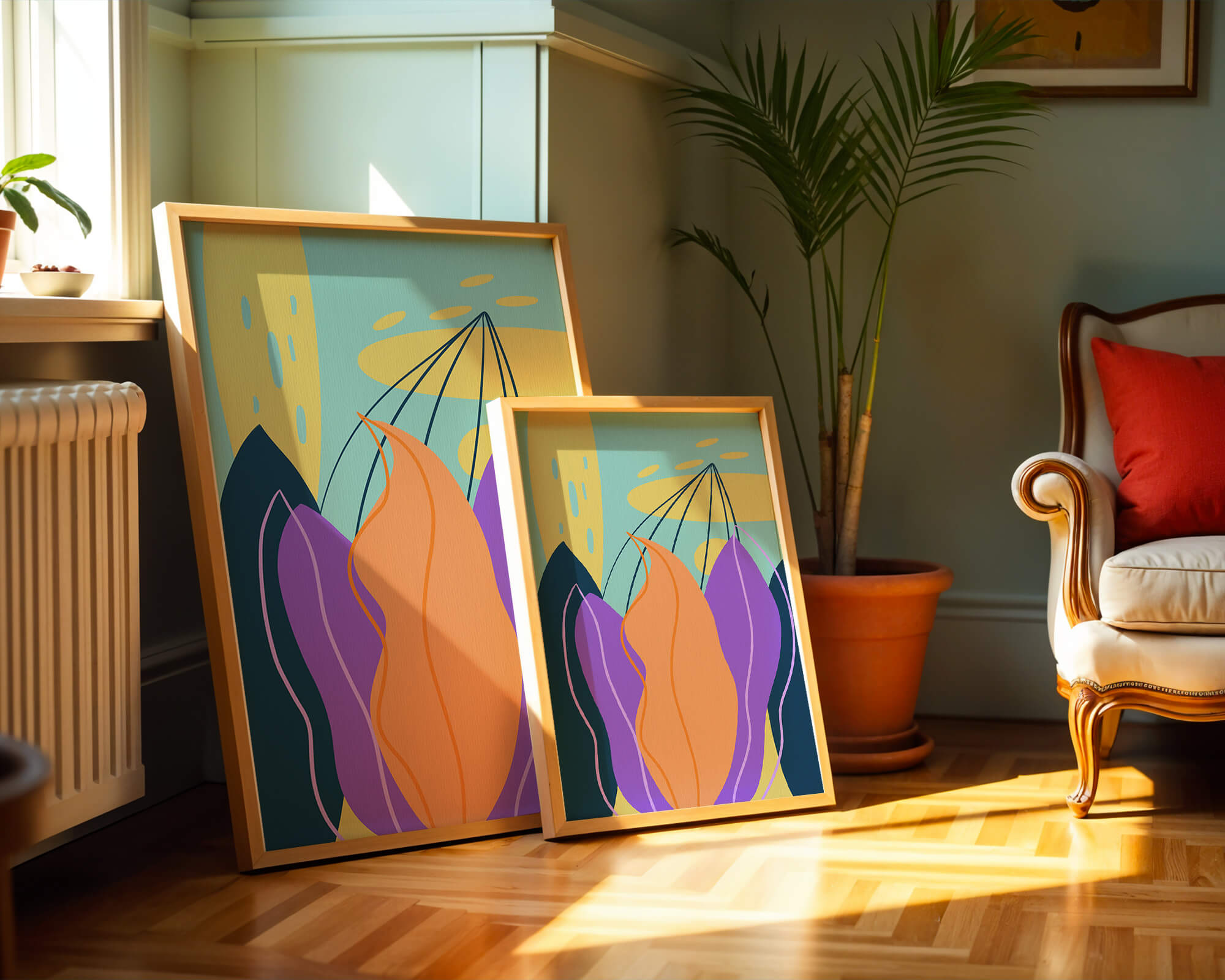 Abstract floral illustration with vibrant colors and geometric shapes