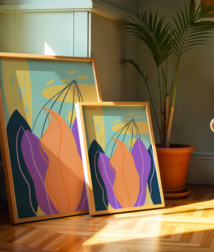 Abstract floral illustration with vibrant colors and geometric shapes