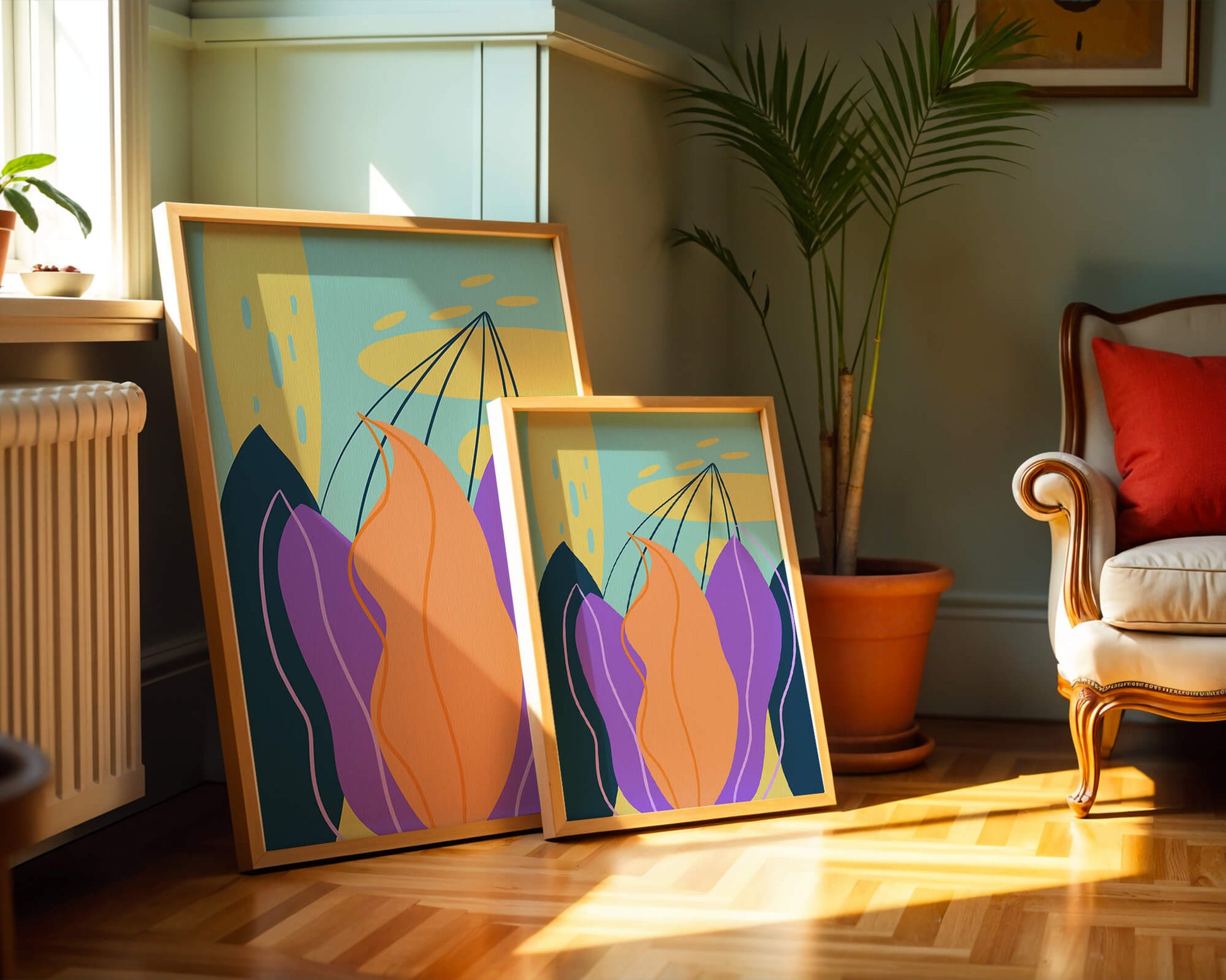 Abstract floral illustration with vibrant colors and geometric shapes