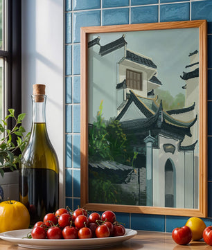 Traditional Asian architecture with lush greenery