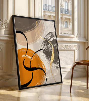 Abstract Art with Orange, Black, and Gold Brushstrokes
