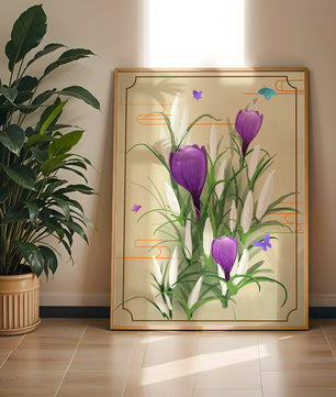 Elegant Crocus Flowers with Butterflies in a Delicate Frame