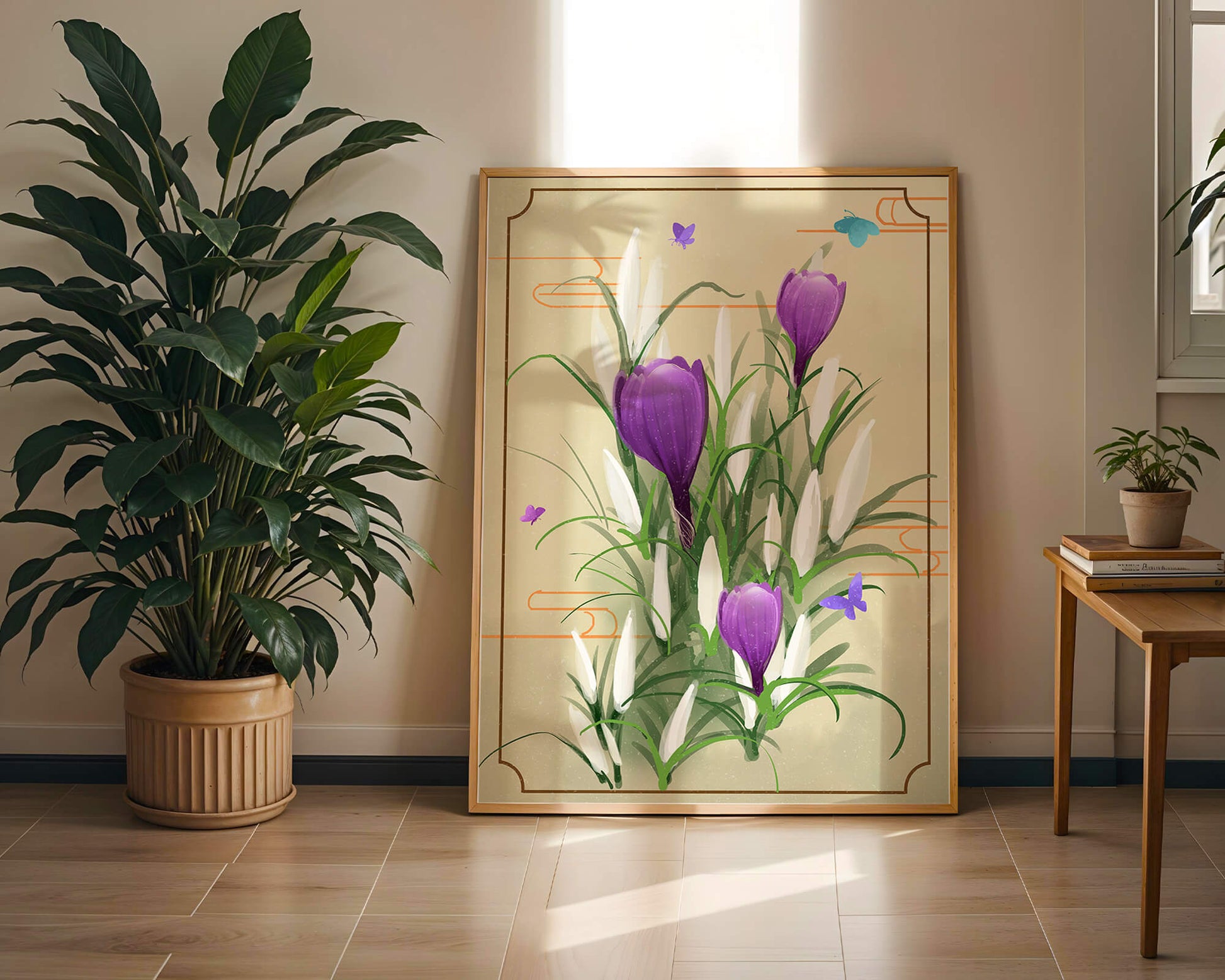 Elegantes flores de azafrán con mariposas en un marco delicado