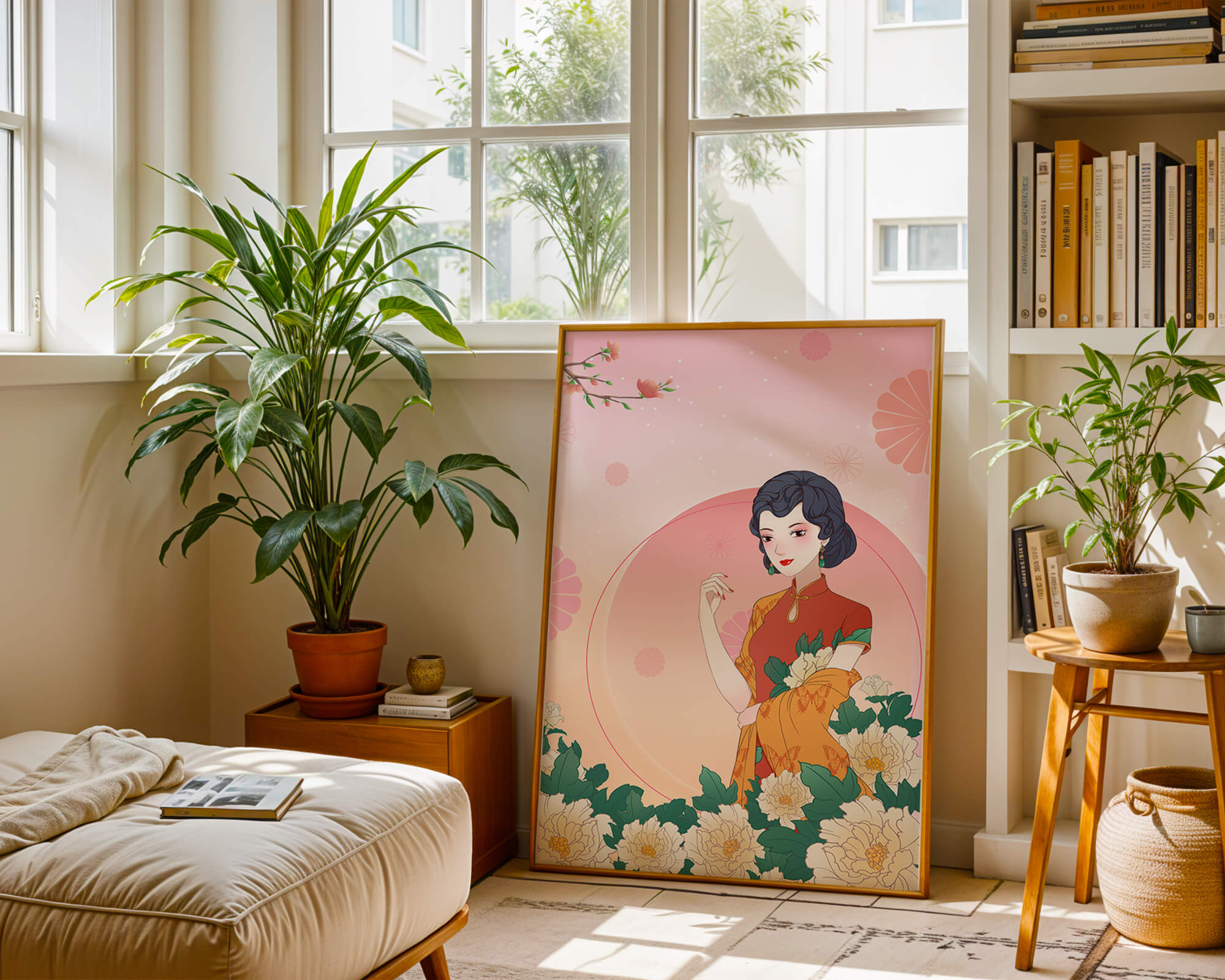 Elegant Woman in Traditional Asian Dress with Floral Background - Mi tienda