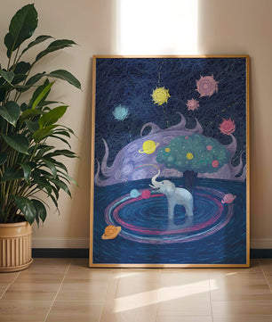 Éléphant fantastique avec arbre et fond cosmique