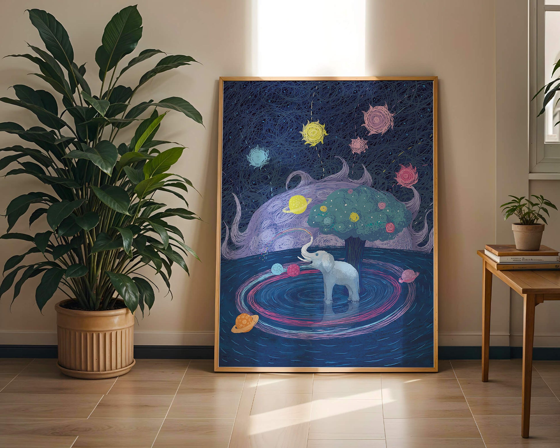 Éléphant fantastique avec arbre et fond cosmique