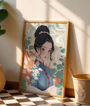 Una mujer elegante con vestido tradicional oriental con patrones florales y flores de loto