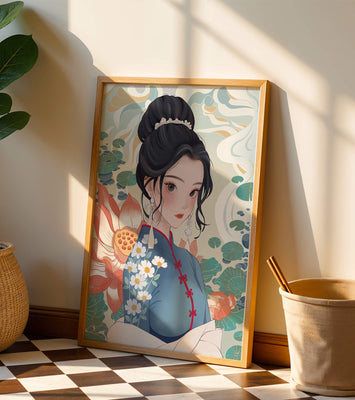 An Elegant Woman in Traditional Oriental Dress with Floral Patterns and Lotus Flowers