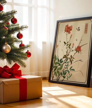 Delicate Floral Art with Red Flowers and Butterflies
