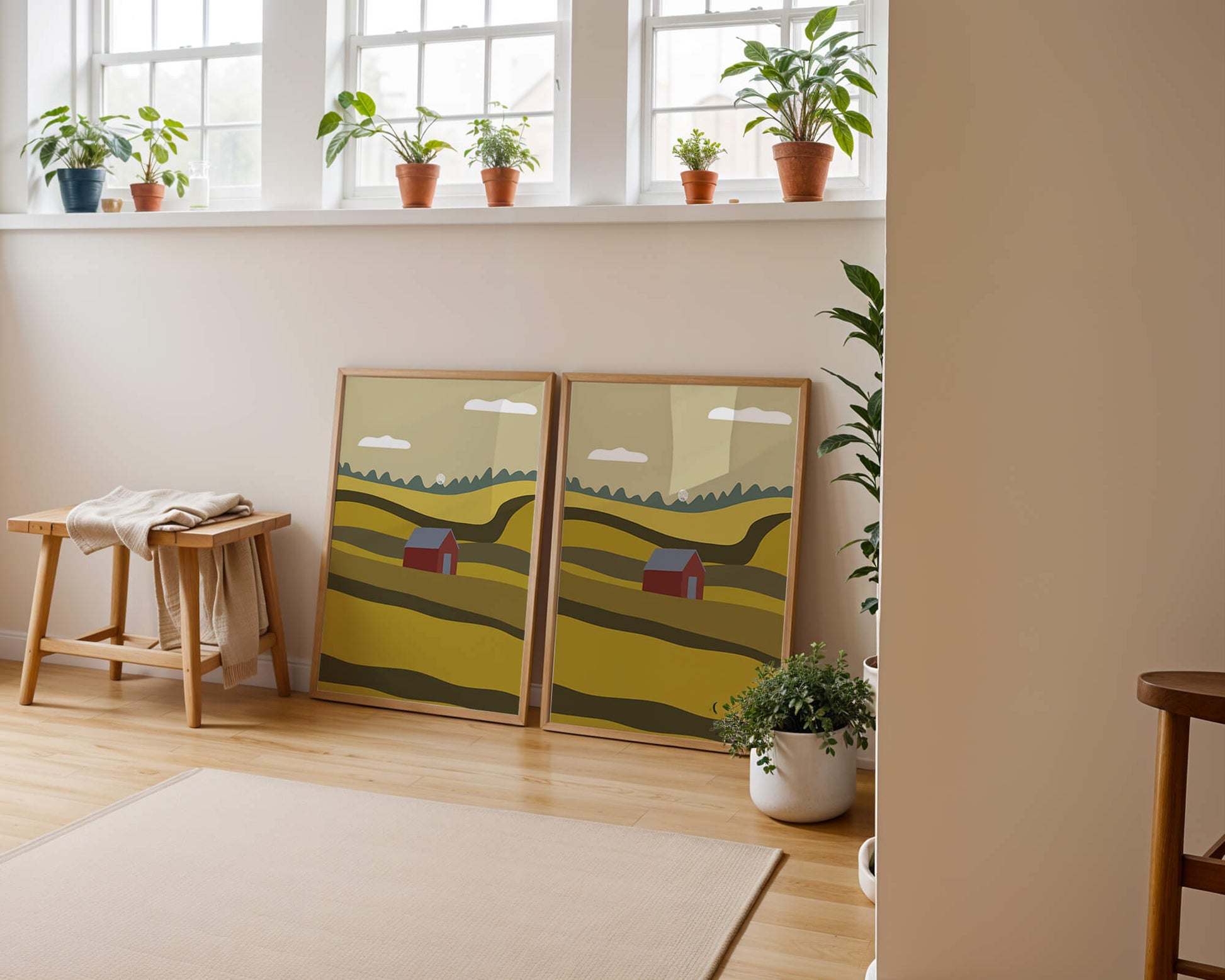 Paisaje con granero rojo entre colinas onduladas bajo un cielo azul