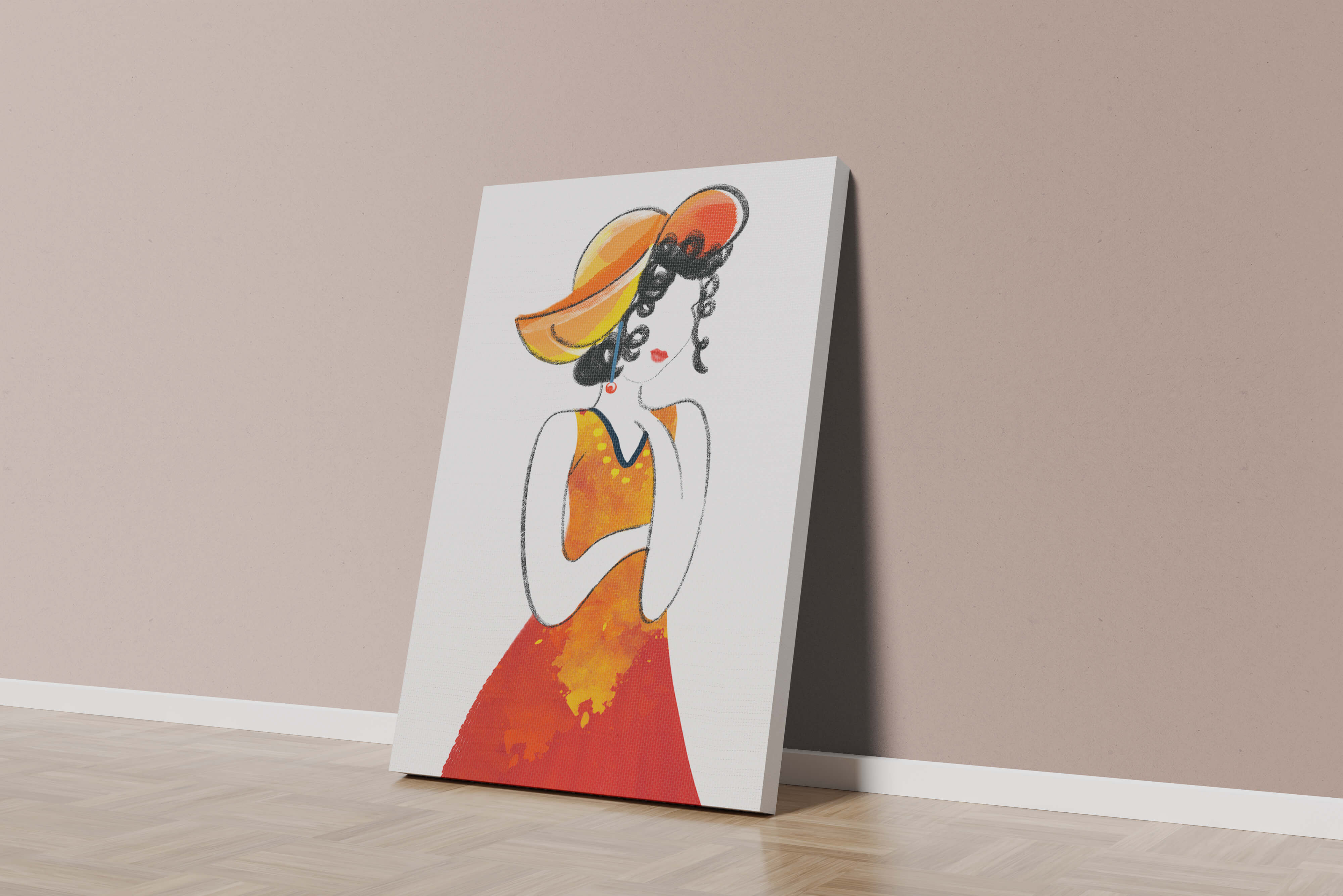 Elegant woman in a vibrant hat and dress illustration
