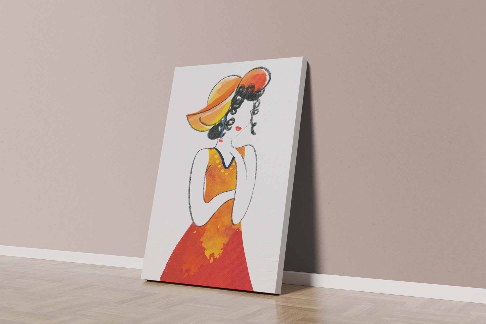 Elegant woman in a vibrant hat and dress illustration