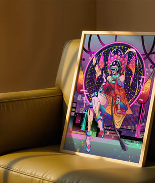 Personaje futurista con atuendo tradicional asiático y telón de fondo de ciudad neón