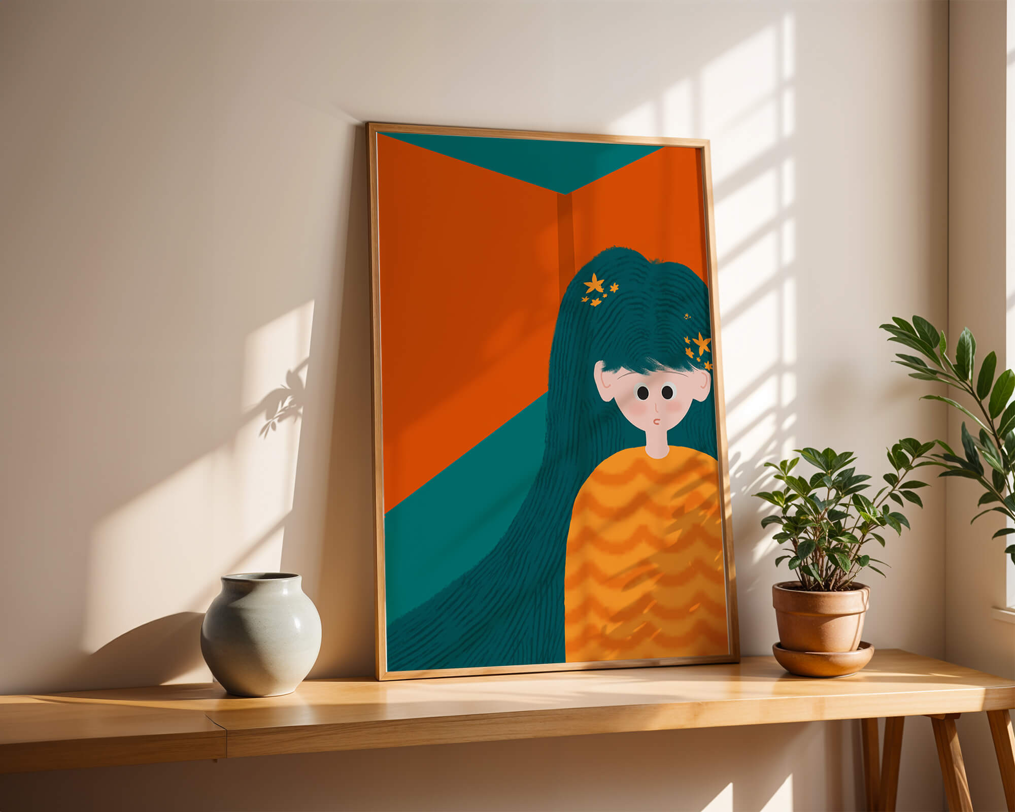 Colorful abstract illustration of a character with teal hair and orange background