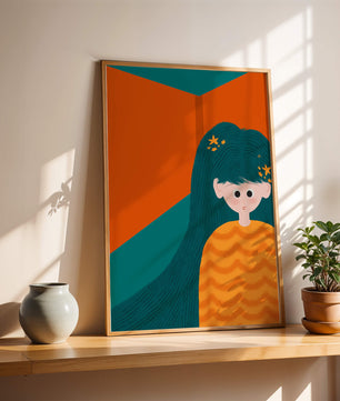 Colorful abstract illustration of a character with teal hair and orange background