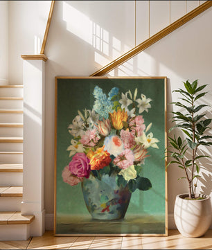 Floral arrangement in a decorative vase on a green background