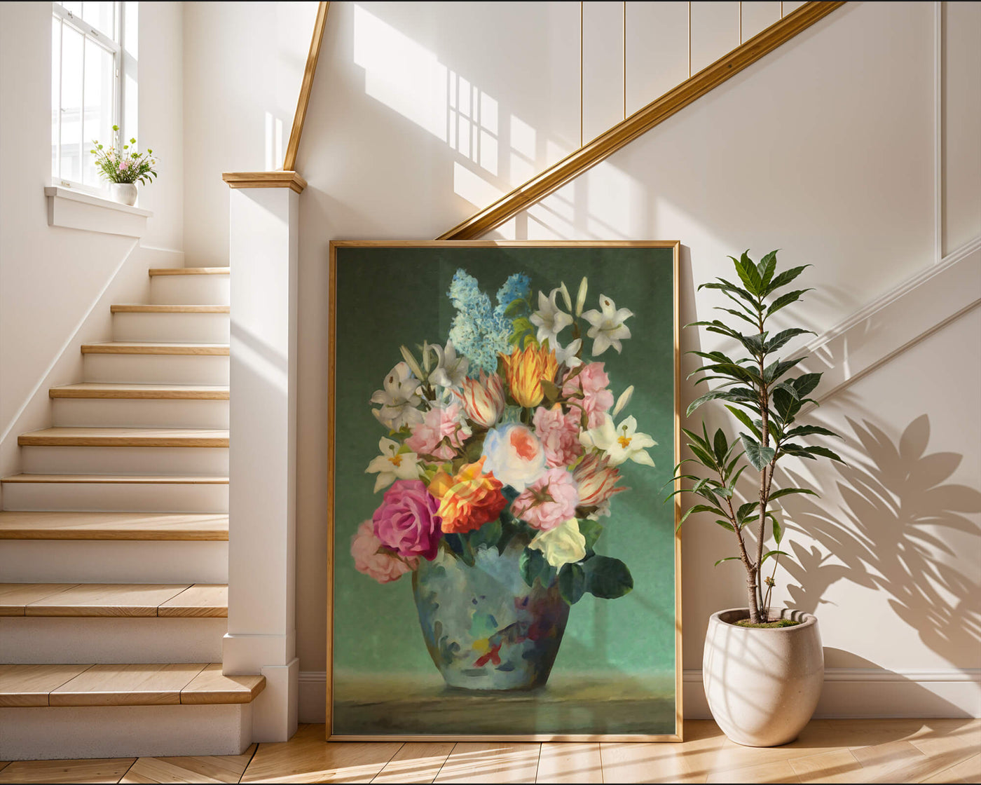 Floral arrangement in a decorative vase on a green background