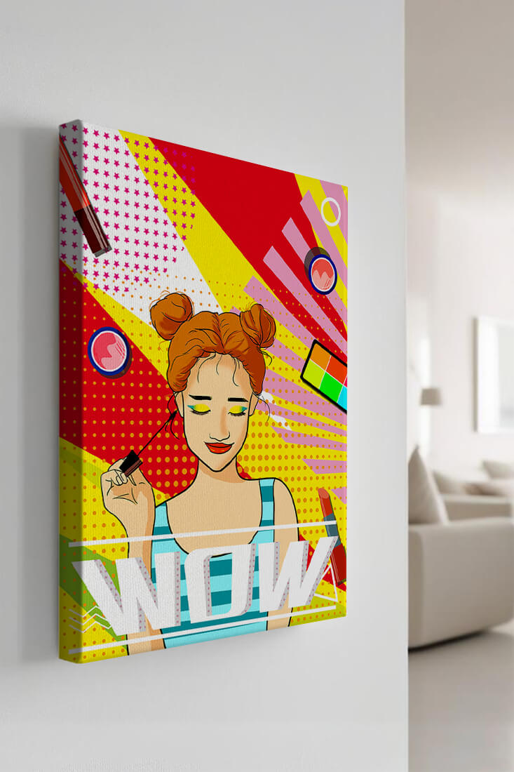 Ilustración de arte pop vibrante con una niña sonriente con maquillaje colorido y patrones audaces