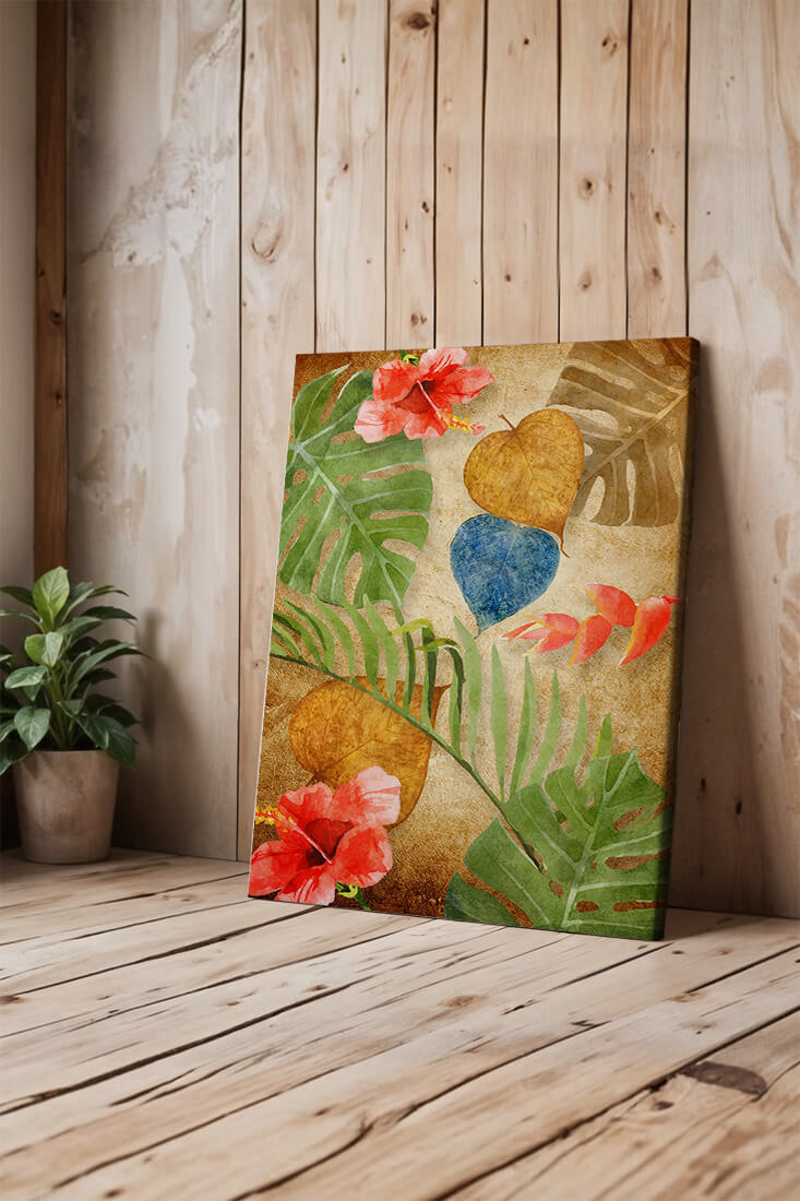 Vibrant tropical leaves and flowers watercolor design
