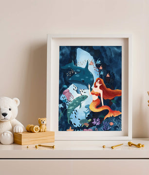 Underwater scene with a mermaid interacting with sea creatures in a vibrant ocean cave