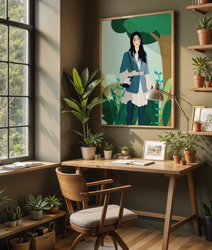 Illustrative portrait of a woman in a stylish outfit with nature backdrop