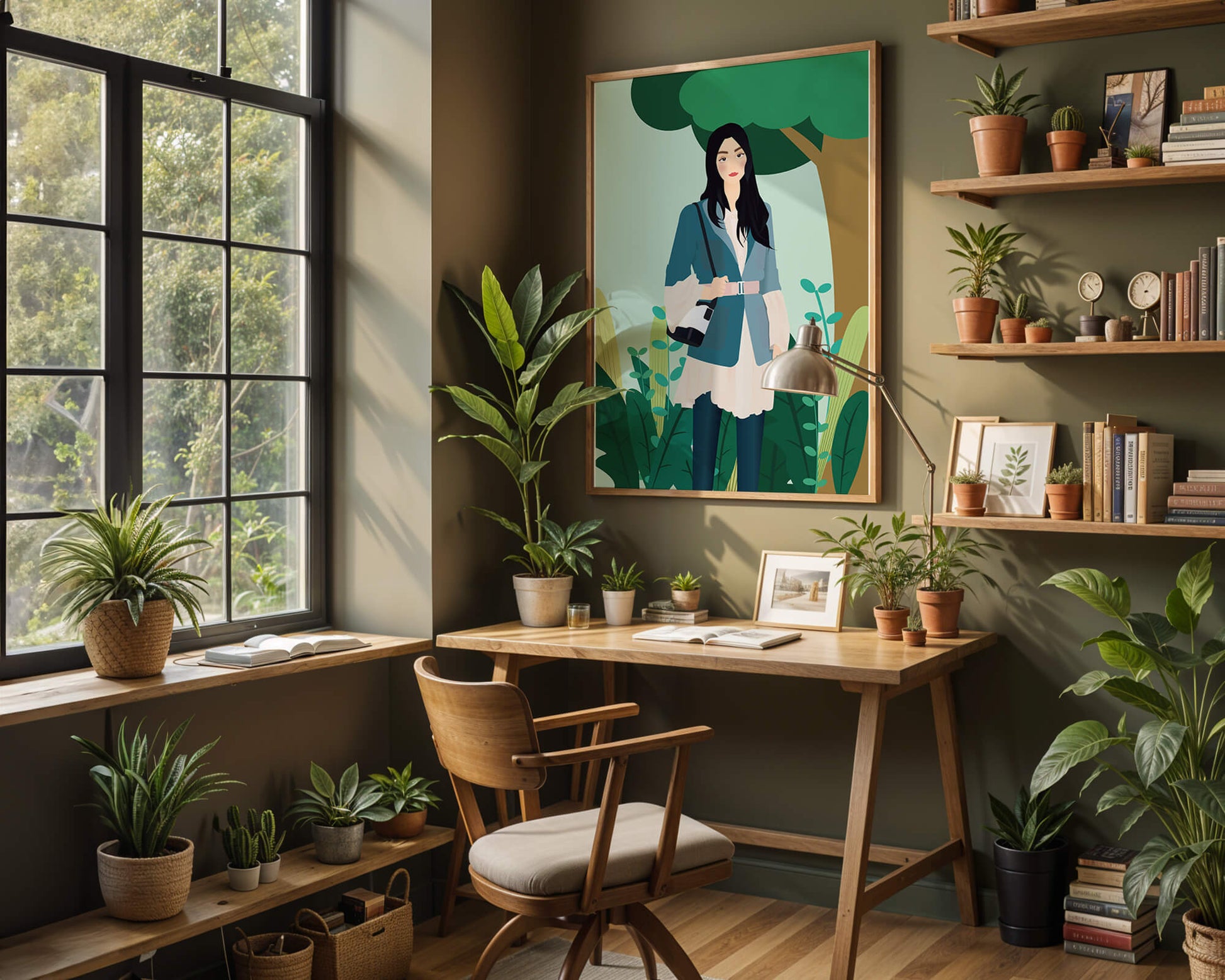 Illustrative portrait of a woman in a stylish outfit with nature backdrop