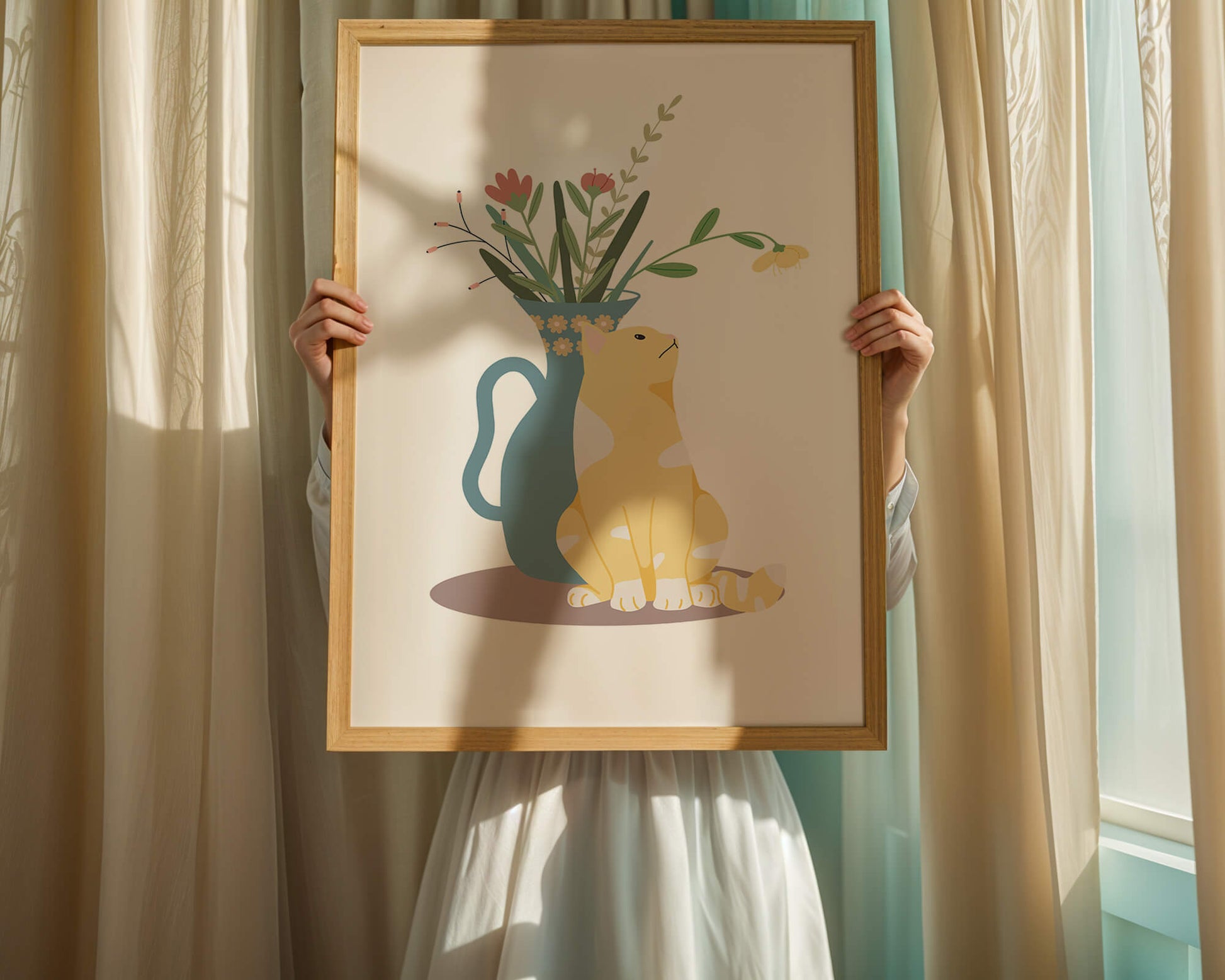 Illustration of a cat sitting beside a floral vase
