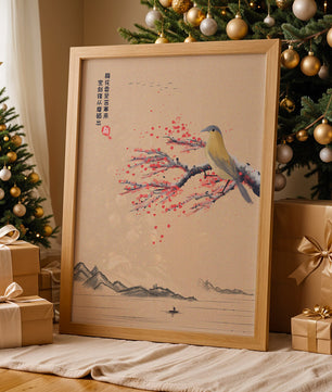 Traditional Chinese painting with bird and blossom branch over tranquil landscape