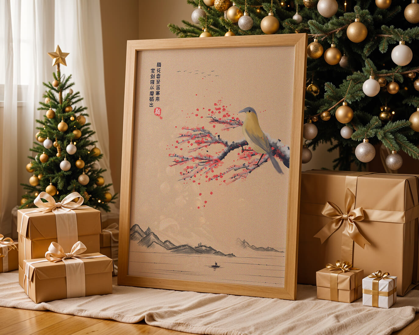 Traditional Chinese painting with bird and blossom branch over tranquil landscape