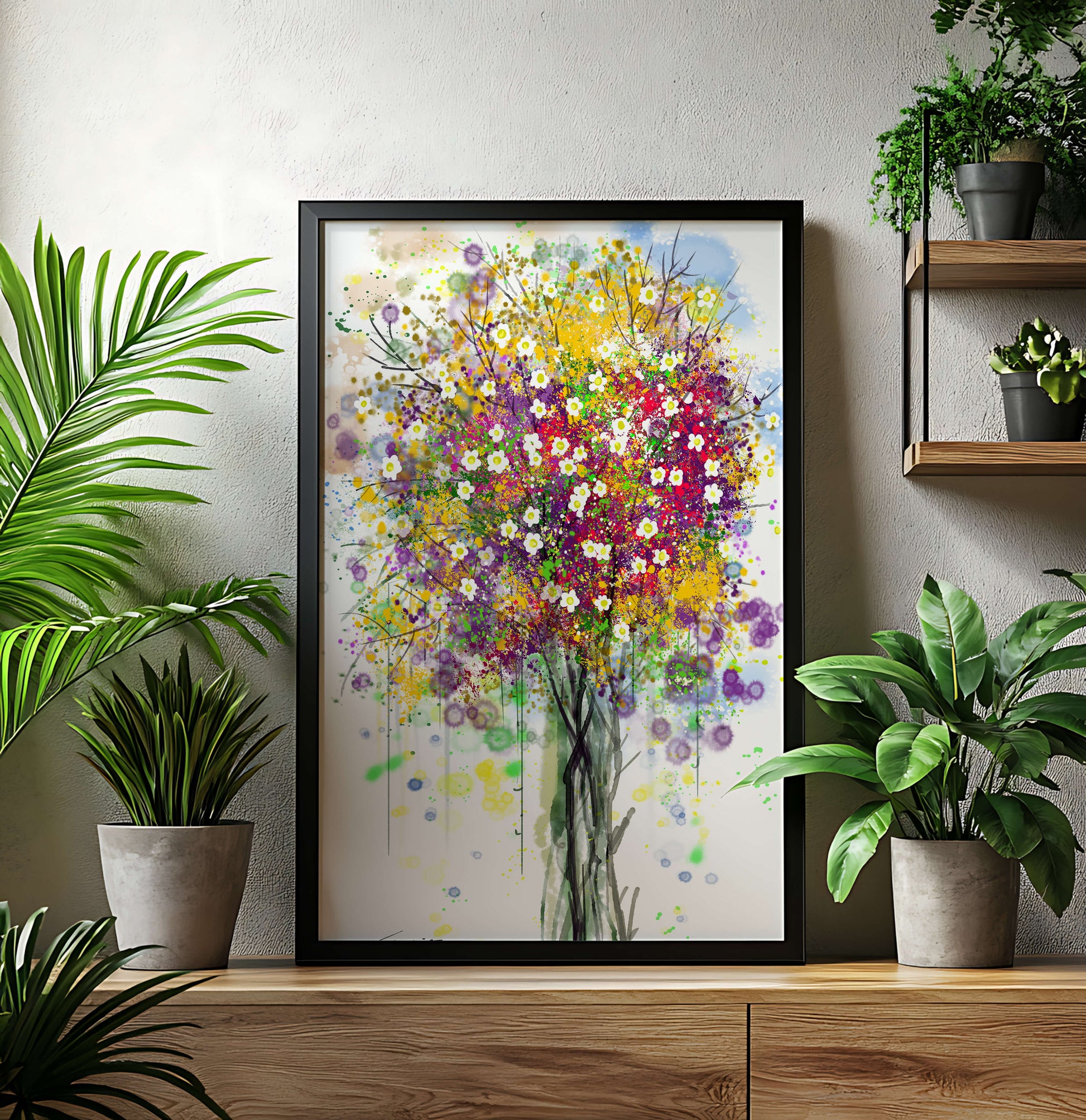 Abstract expressionist floral tree with vibrant colors
