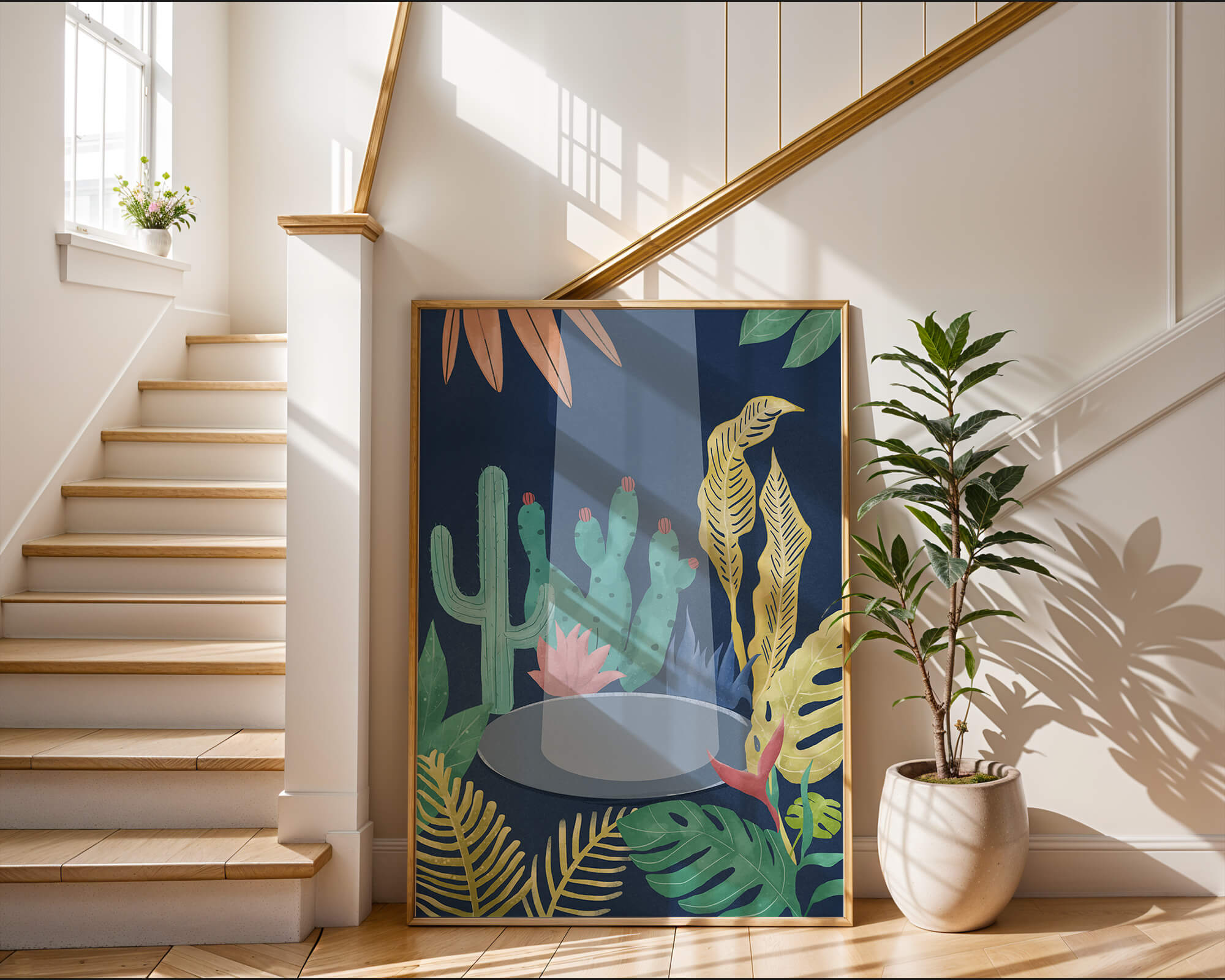 Colorful botanical illustration featuring cacti and tropical leaves