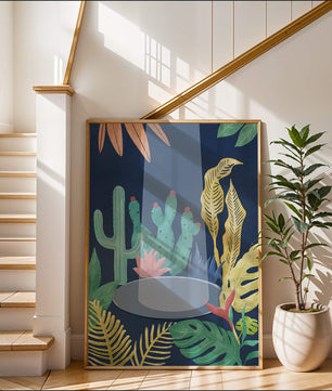 Ilustración botánica colorida con cactus y hojas tropicales