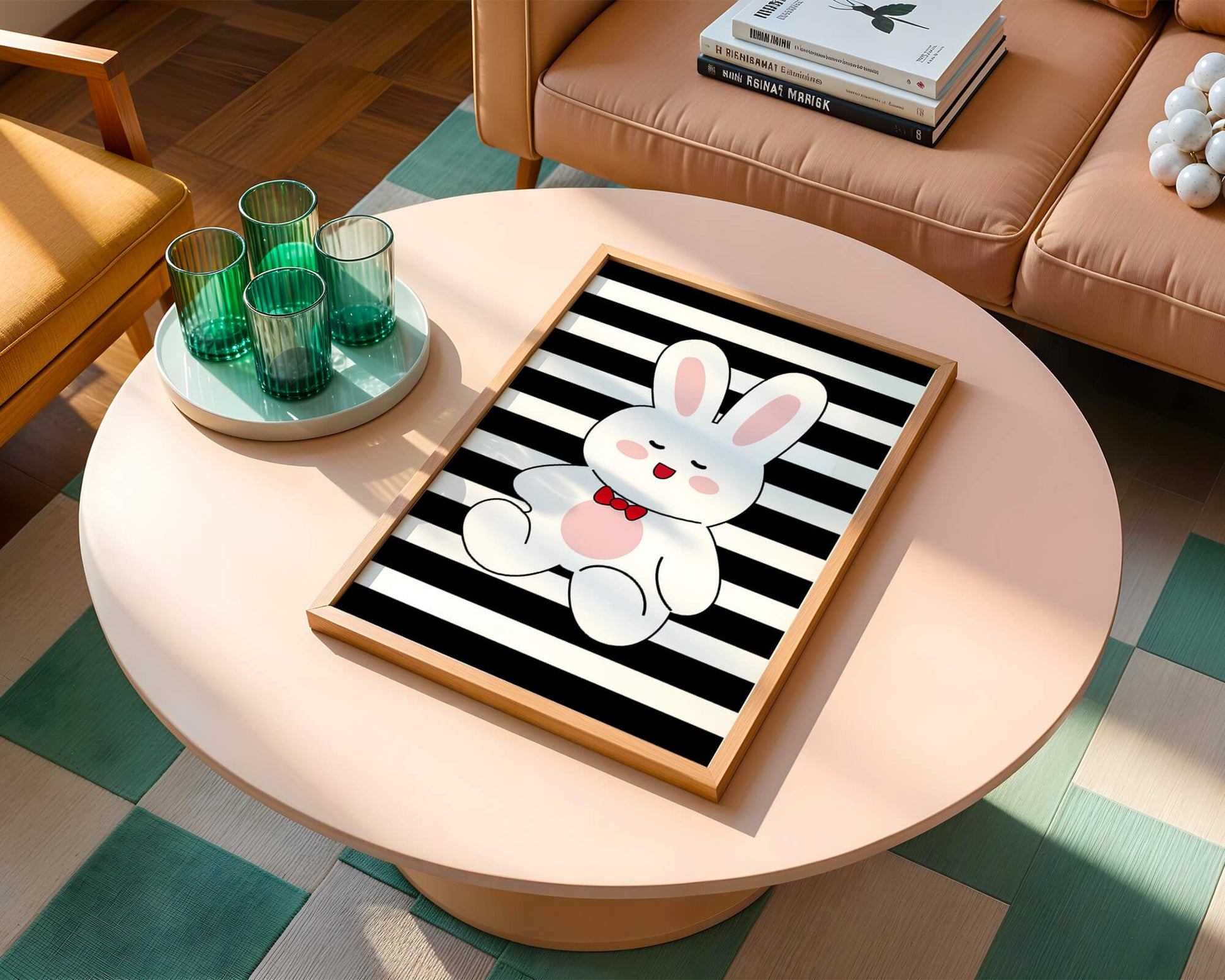 Adorable cartoon bunny with bold stripes and a red bow tie