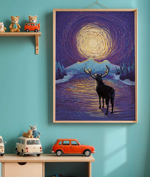 Moose Under Starry Night Sky with Radiant Moon