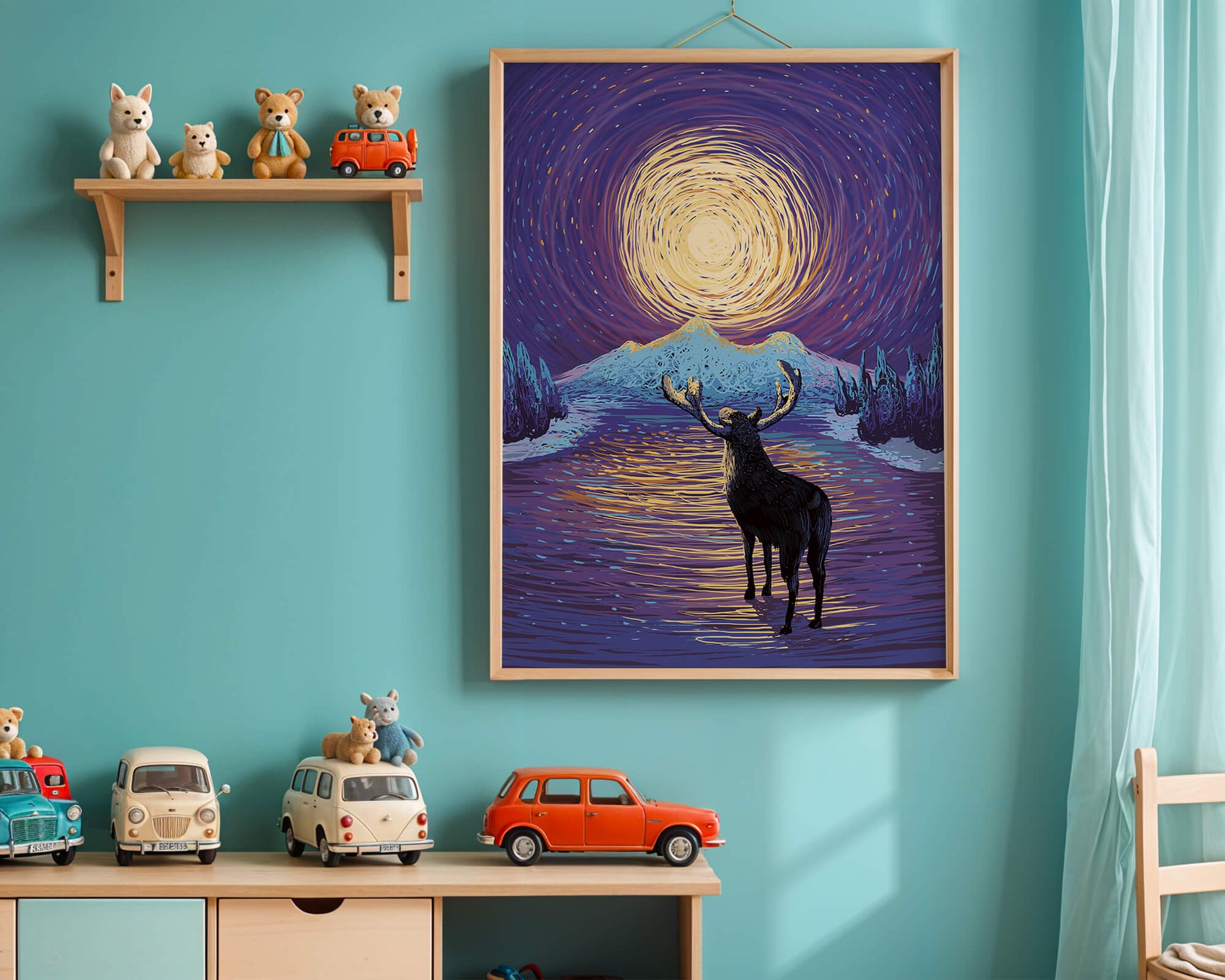Moose Under Starry Night Sky with Radiant Moon