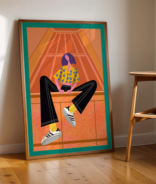 Stylish woman sitting in a vibrant geometric setting