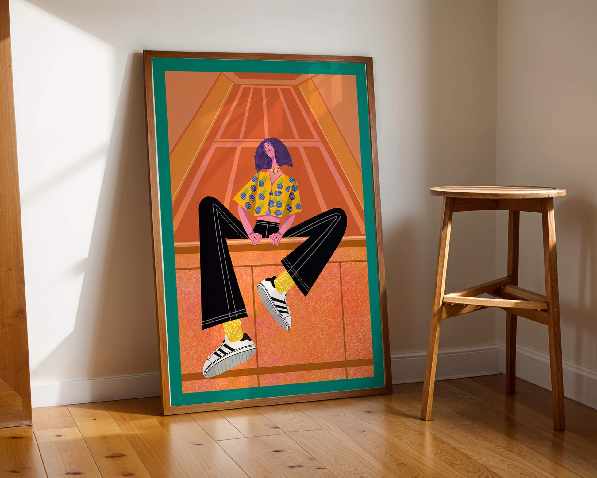 Stylish woman sitting in a vibrant geometric setting