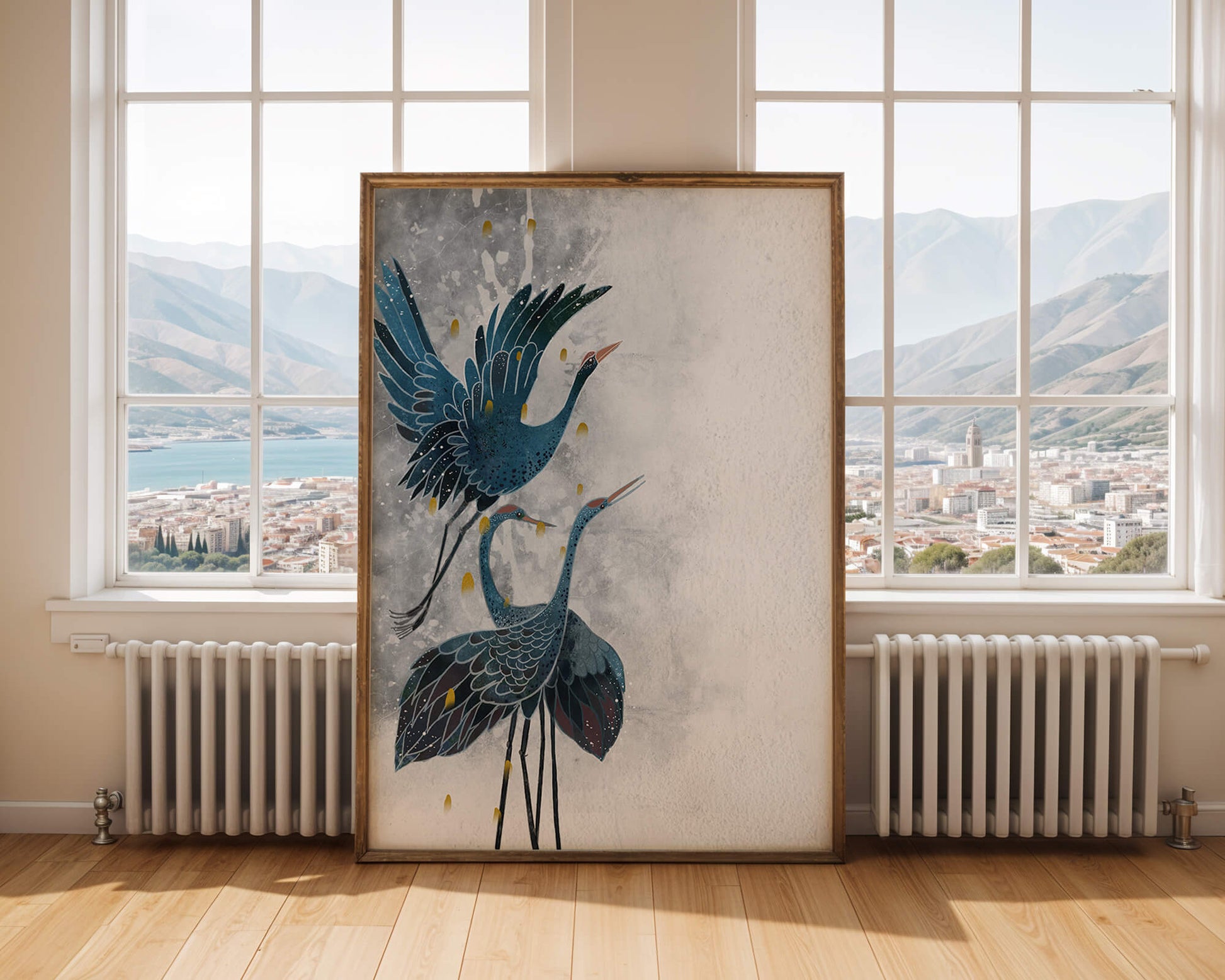 Elegante blaue Kraniche vor einem ruhigen abstrakten Hintergrund mit goldenen Akzenten