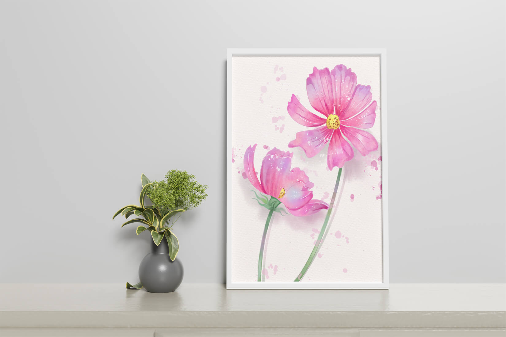 Flores delicadas en acuarela rosada con salpicaduras artísticas en lienzo