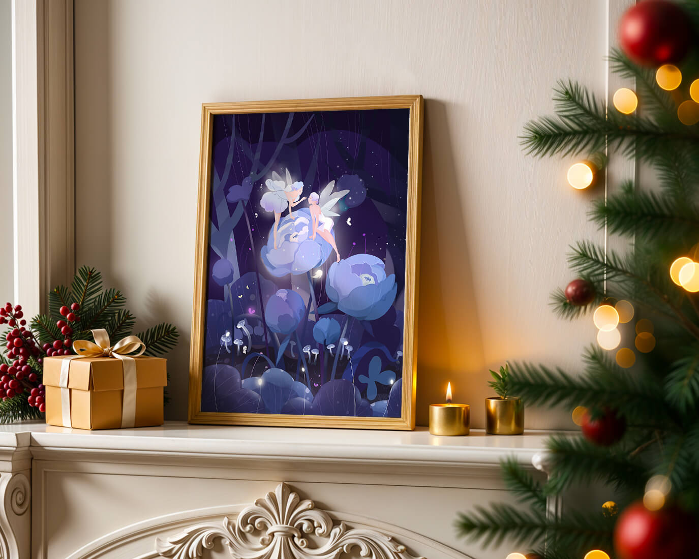 La forêt enchantée avec des fées et des fleurs lumineuses la nuit