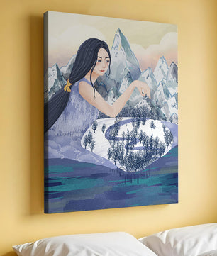 Majestic Woman Overlooking Snowy Mountain Landscape