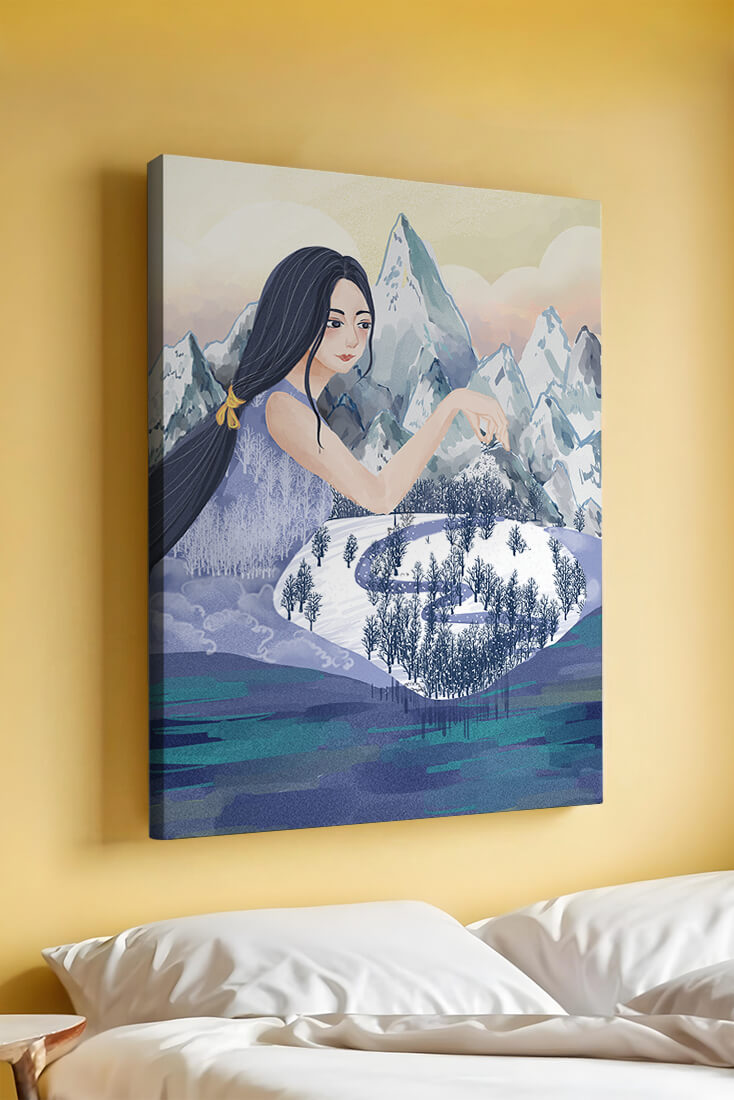 Majestic Woman Overlooking Snowy Mountain Landscape