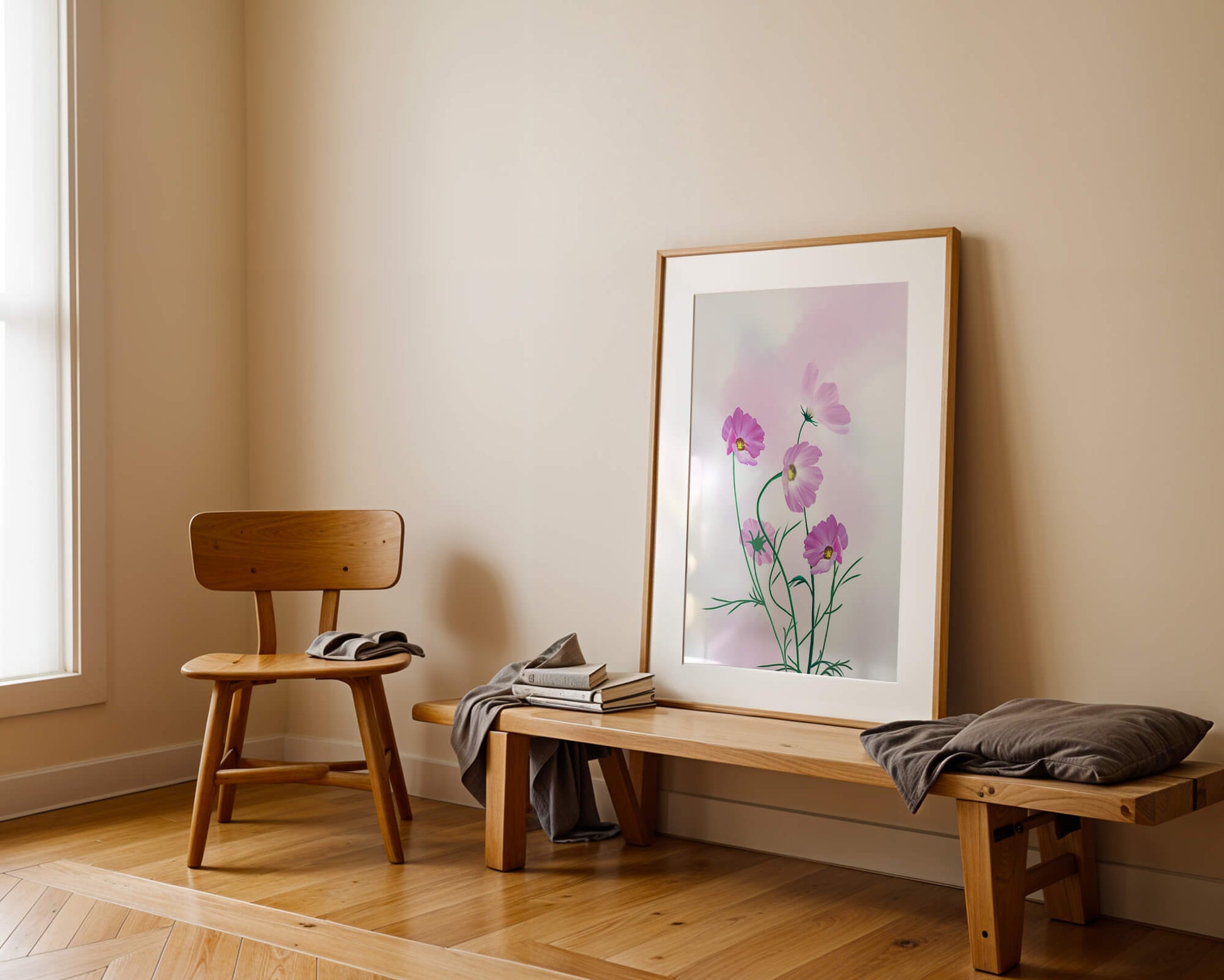Digital illustration of pink cosmos flowers against a soft pastel background