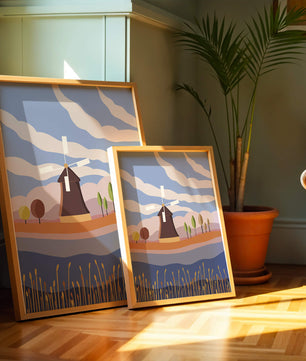 Paysage coloré avec moulin à vent et arbres abstraits