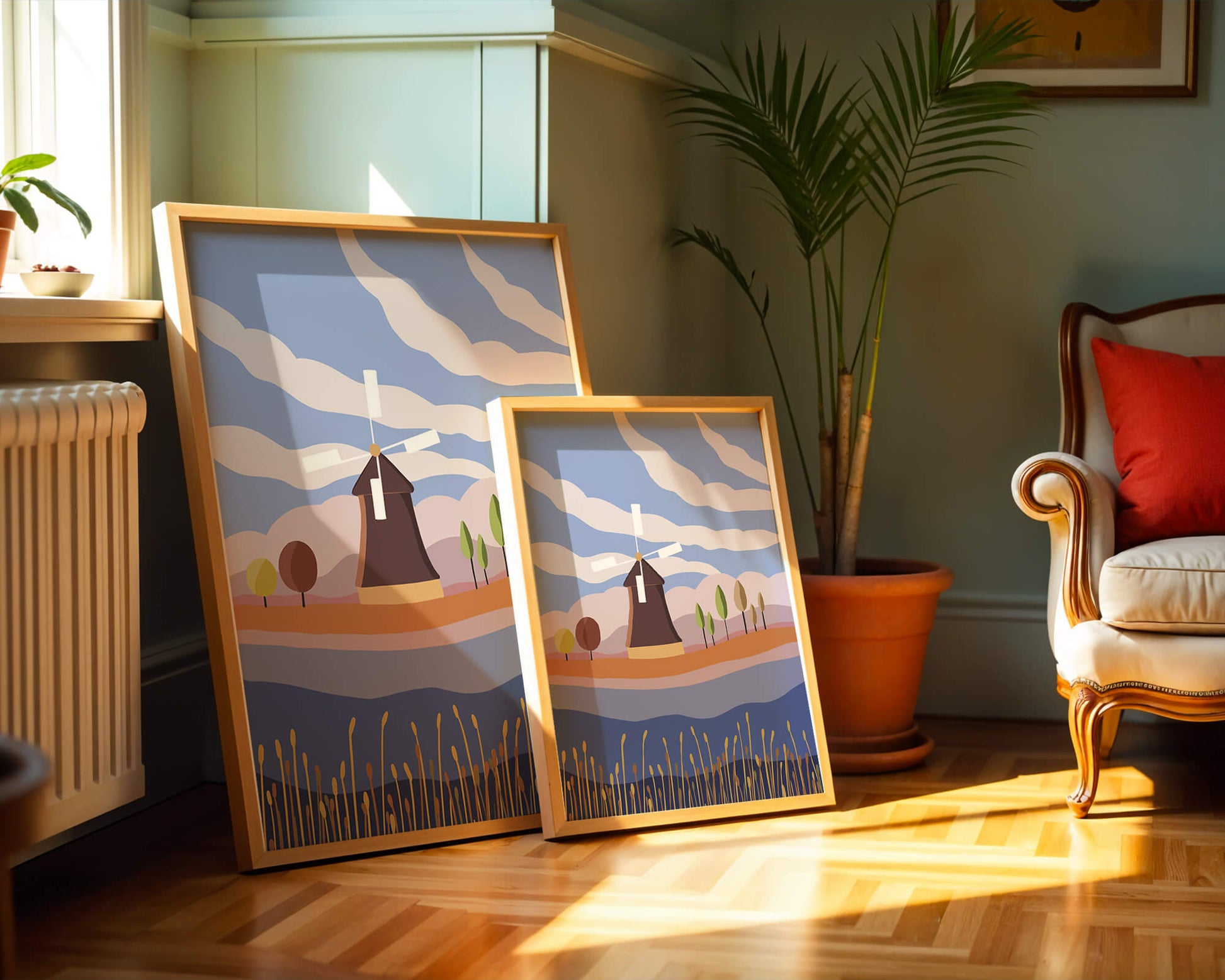 Colorful Landscape Featuring Windmill and Abstract Trees