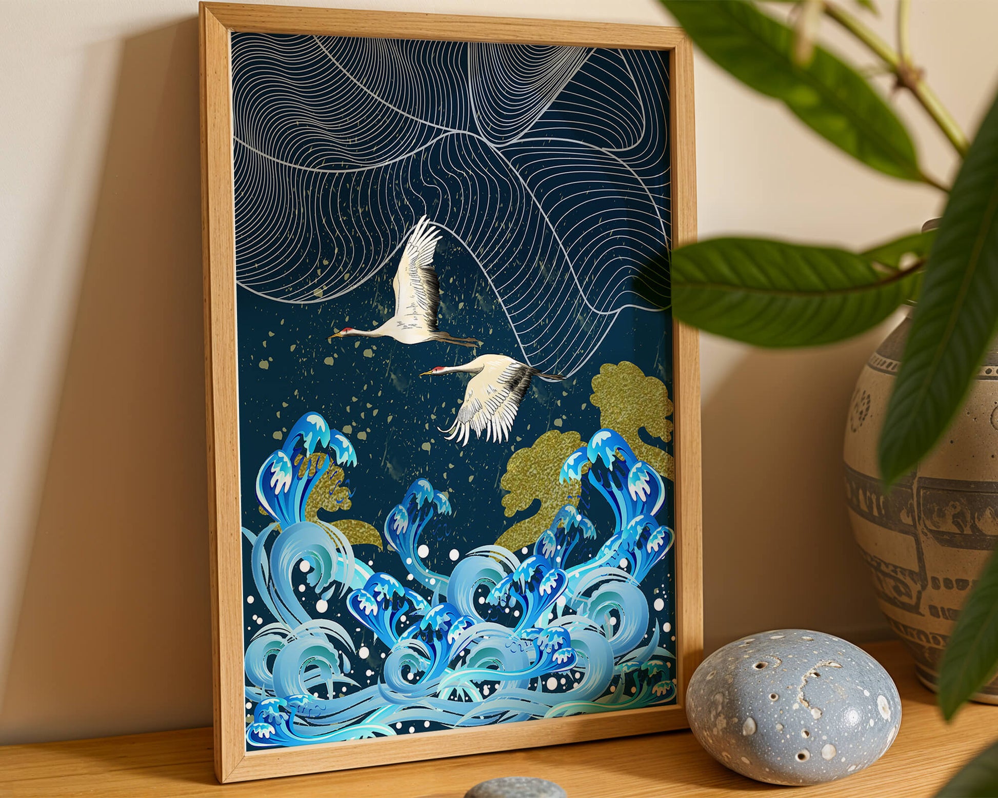 Elegant Cranes Flying Over Golden Waves and Artistic Ocean