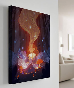 Magical forest scene with lantern and glowing hair